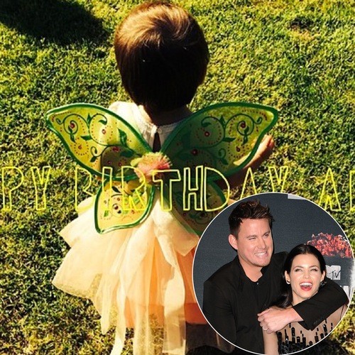 Channing and Jenna Tatum and their daughter Everly (with wings)