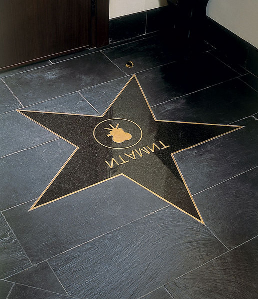 Hallway became a kind of Hollywood Walk of Fame. The Timati star of granite with brass edging is built into the black slate floor, Ardesia