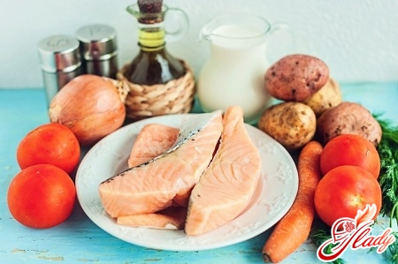 ingredients of fish soup with salmon